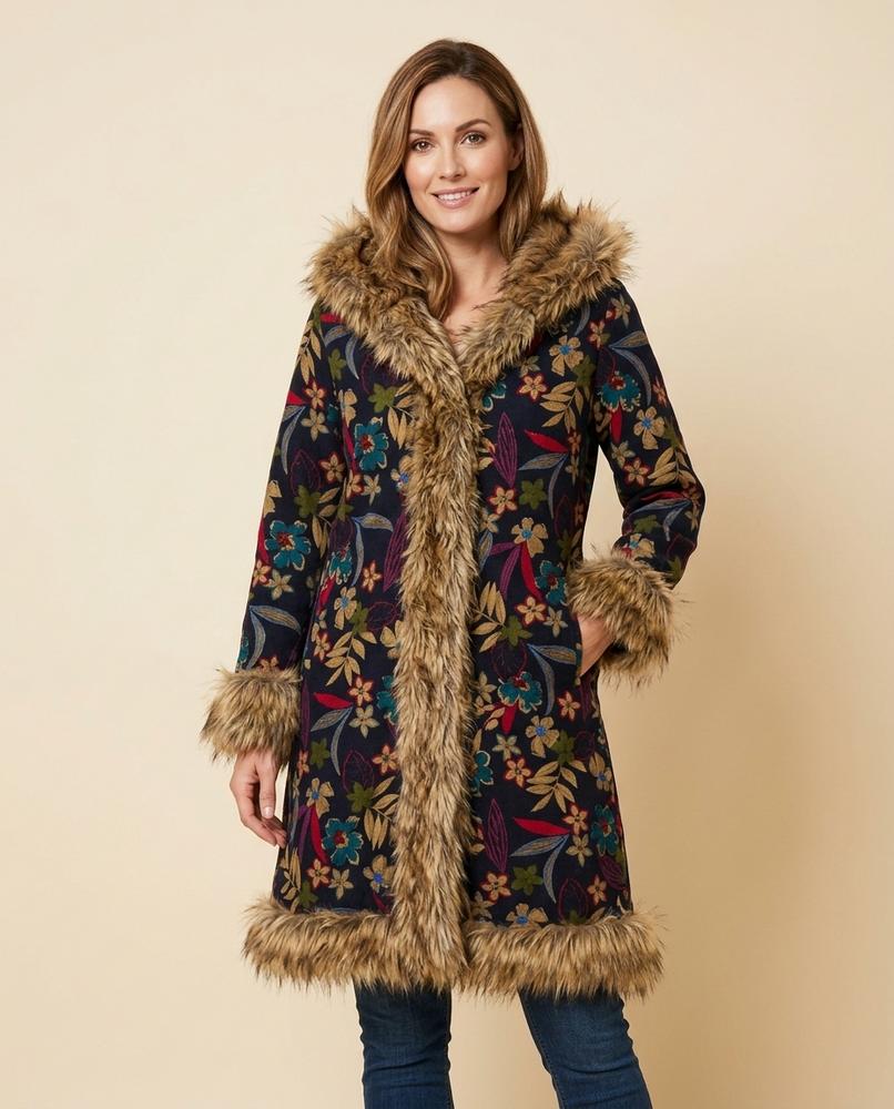 Lulus Secrets - Zesan | Floral-Print Faux-Fur Trimmed Coat Women
